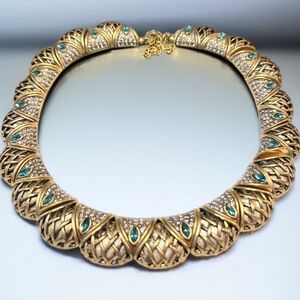 Antiqued Gold Chunky Lattice Aquamarine Crystal Statement Necklace